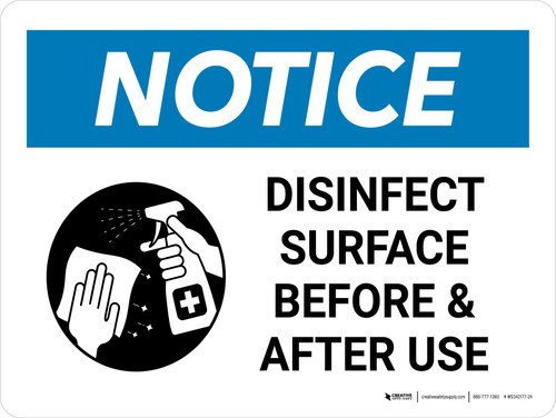 Notice: Disinfect Surface Before and After Use Landscape - Wall Sign