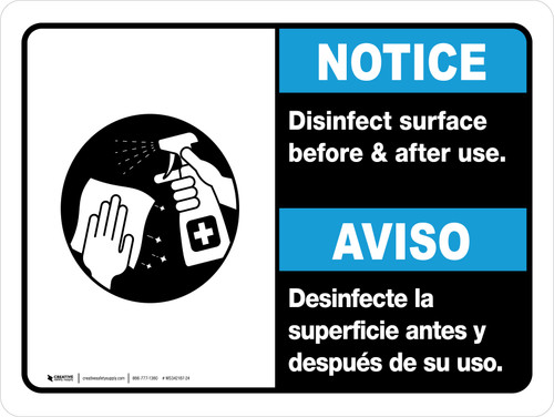 Notice: Disinfect Surface Before and After Use Bilingual Spanish Landscape - Wall Sign