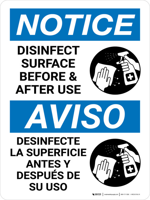Notice: Disinfect Surface Before and After Use Bilingual Spanish Portrait - Wall Sign