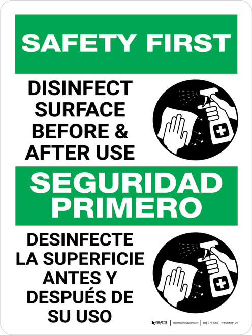 Safety First Disinfect Surface Before And After Use Bilingual Spanish Portrait Wall Sign 9326