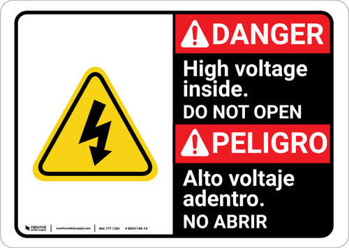Danger: High Voltage Inside Do Not Enter with Graphic Bilingual Spanish - Wall Sign