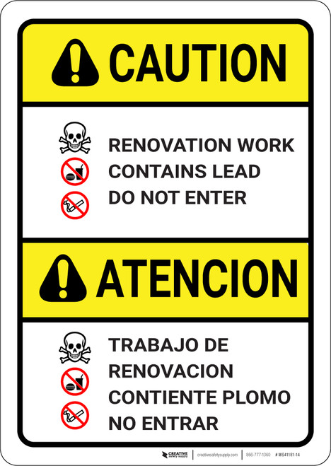 Caution: Renovation Work Contains Lead Do Not Enter Bilingual Spanish - Wall Sign