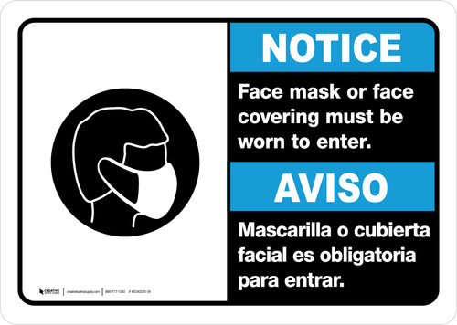 Notice: Face Mask Or Face Covering Must be Worn Spanish Bilingual Landscape - Wall Sign
