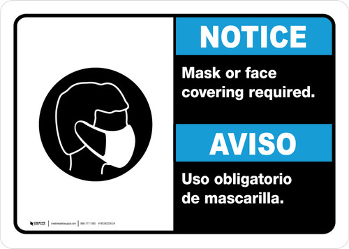 Notice: Mask Or Face Covering Required Spanish Bilingual Landscape - Wall Sign