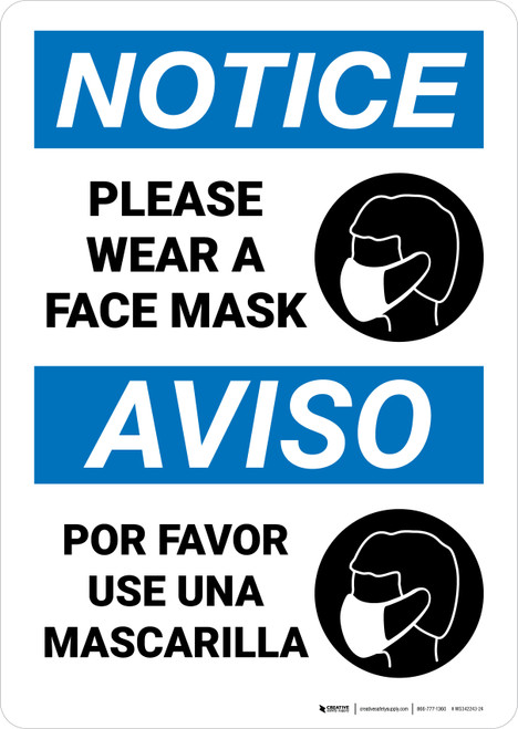 Notice: Please Wear A Face Mask Spanish Bilingual Portrait - Wall Sign