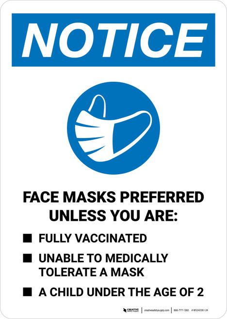 Notice: Face Masks Preferred Unless You Are Portrait - Wall Sign