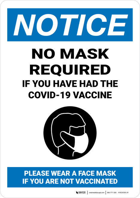 Notice: No Mask Required If Covid-19 Vaccine Portrait - Wall Sign
