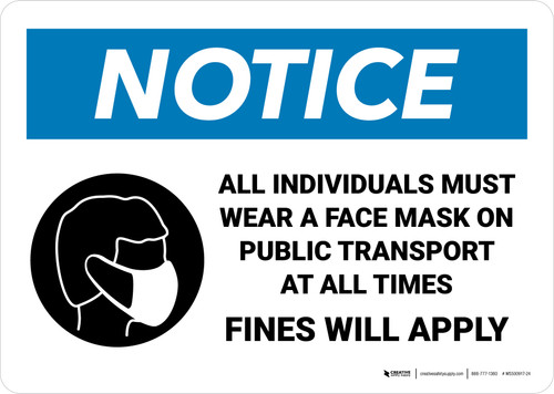 Notice: All Individuals Must Wear Mask on Public Transport At All Times - Fines Will Apply Landscape - Wall Sign