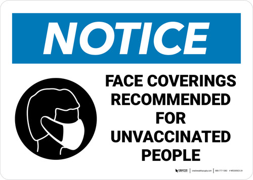 Notice: Face Coverings Recommended For Unvaccinated People Landscape - Wall Sign