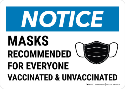 Notice: Mask Recommended For Everyone Vaccinated & Unvaccinated Landscape - Wall Sign