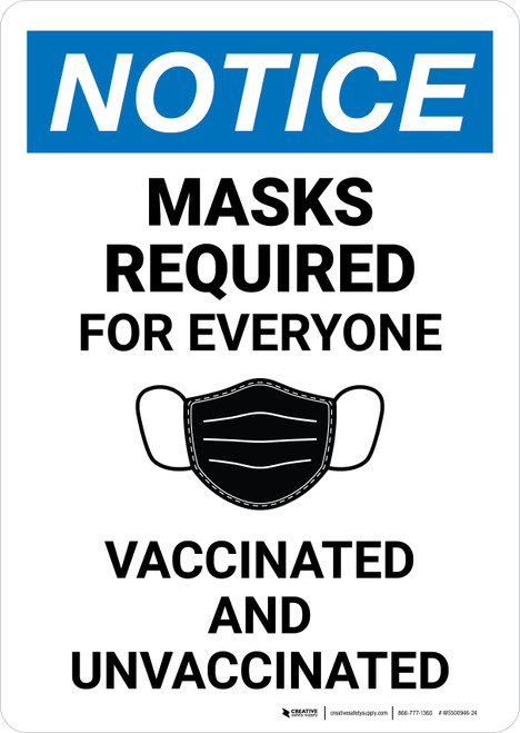 Notice: Mask Required For Everyone Vaccinated & Unvaccinated Portrait - Wall Sign