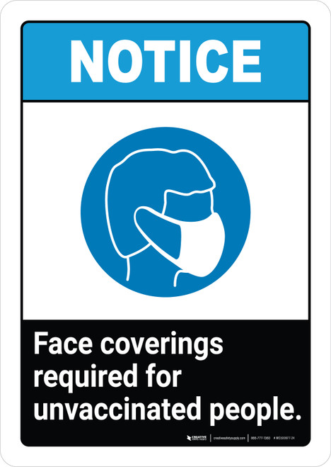 Notice: Face Coverings Required Unvaccinated People ANSI Portrait - Wall Sign