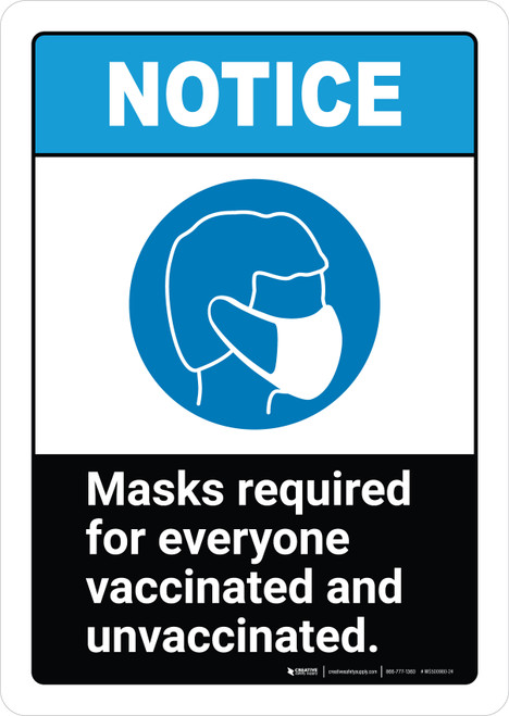 Notice: Mask Required For Everyone Vaccinated & Unvaccinated ANSI Portrait - Wall Sign