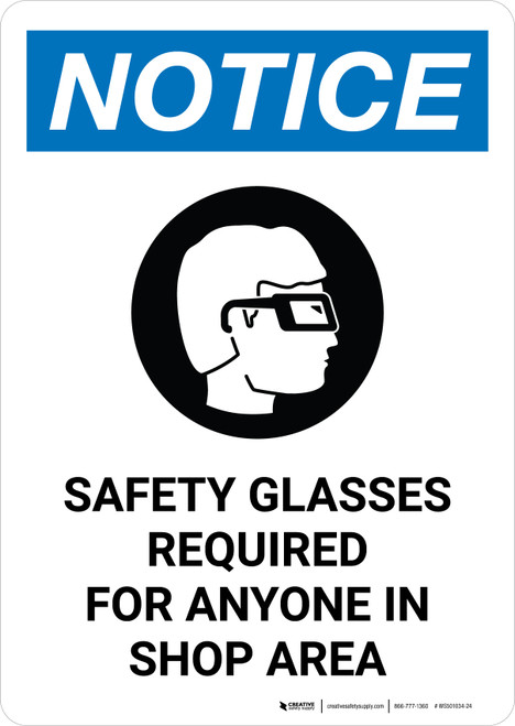 Notice: Safety Glasses Required For Anyone in Shop Area with Icon Portrait - Wall Sign