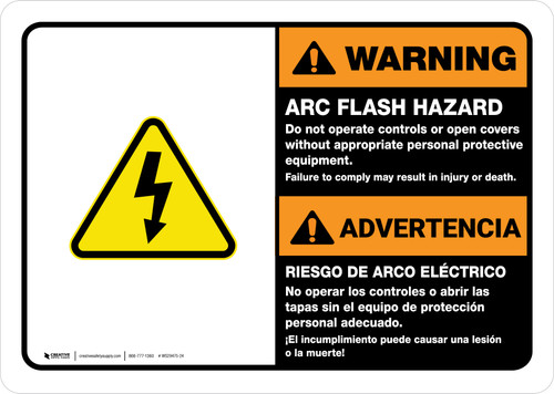 Warning: Arc Flash Hazard - Do Not Operate Controls Without PPE Bilingual Spanish Landscape - Wall Sign