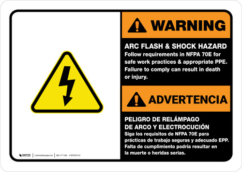 Warning: Arc Flash & Shock Hazard - Follow Requirements in NFPA 70E Bilingual Spanish Landscape - Wall Sign