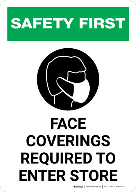 Safety First: Face Coverings Required To Enter Store with Icon Portrait - Wall Sign