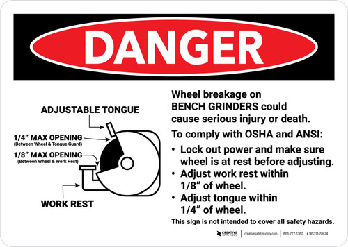 Danger: Wheel Breakage Bench Grinder Guidelines With Diagram Landscape - Wall Sign