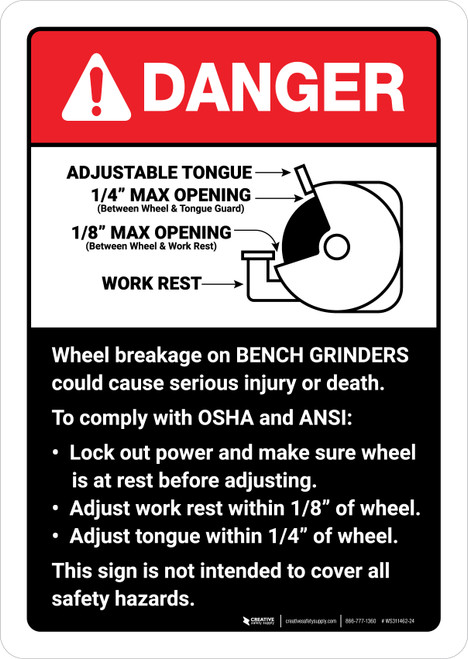 Danger: Wheel Breakage Bench Grinder Guidelines ANSI with Diagram Portrait - Wall Sign