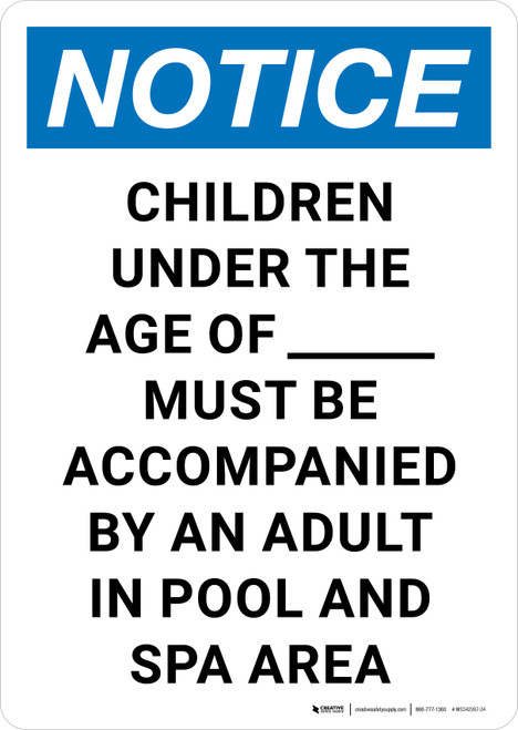 Notice: Children Under the Age of Must Be Accompanied In Pool Portrait - Wall Sign