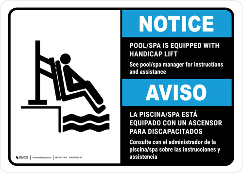 Notice: Pool/Spa Is Equipped with Handicap Lift Bilingual Spanish ANSI Landscape - Wall Sign