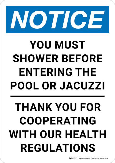 Notice: You Must Shower Before Entering Pool Jacuzzi Portrait - Wall Sign