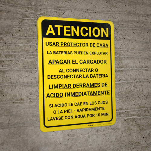 Caution Wear Face Shield Batteries May Explode Spanish Wall Sign