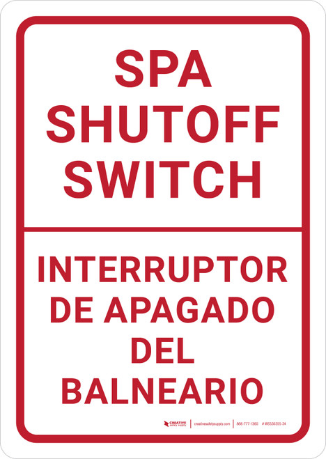 Spa Shutoff Switch Bilingual Spanish Portrait - Wall Sign