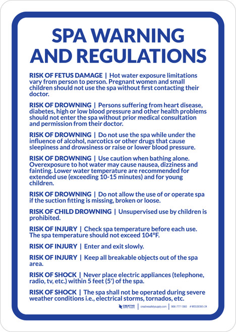 Spa Warning and Regulations Portrait - Wall Sign