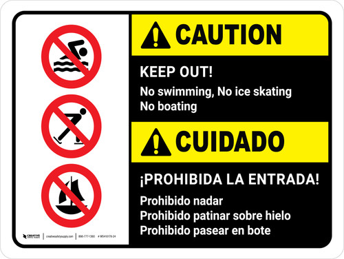 Caution: Keep Out No Swimming No Ice Skating No Boating Bilingual Spanish Landscape - Wall Sign