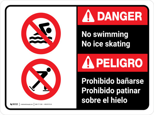 Danger: No Swimming No Ice Skating Bilingual Spanish Landscape - Wall Sign