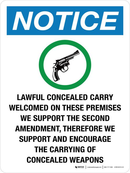 Notice: Lawful Concealed Carry Welcomed On These Premises Portrait - Wall Sign