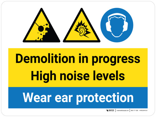 Demolition In Progress - High Noise Levels - Wear Ear Protection with Icons Landscape - Wall Sign