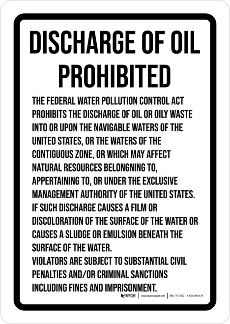 Discharge of Oil Prohibited (Boating, Marine, Fishing) Portrait - Wall Sign