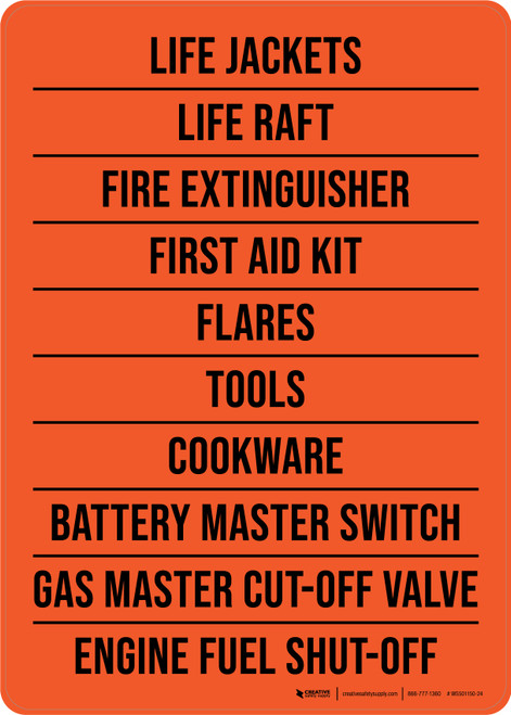 Life Jackets Life Raft Fire Extinguisher First Aid Kit Faleres Tools Cookware Portrait - Wall Sign