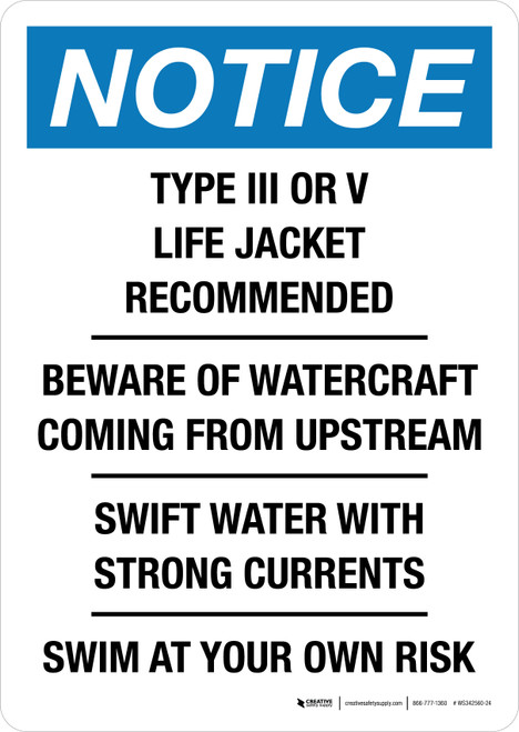 Notice: Type III or V Life Jacket Recommended Beware Of Watercraft Coming From Upstream Portrait - Wall Sign