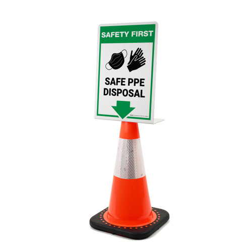 Safety First: Safe PPE Disposal Arrow Down with Icons Portrait - Single-Sided Cone Signs