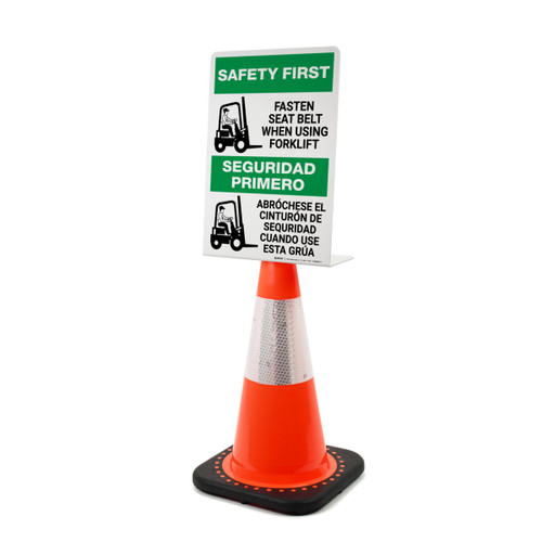 Safety First: Fasten Seat Belt When Using Forklift with Icon Bilingual Spanish Portrait - Single-Sided Cone Signs