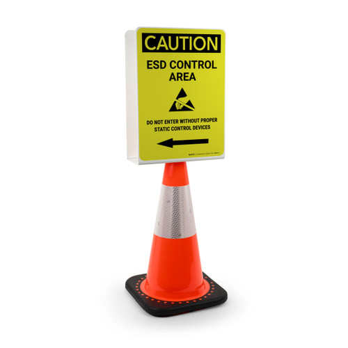 Caution: ESD Control Area - Do Not Enter Without Proper Device with Arrow Left Portrait - Double-Sided Cone Sign