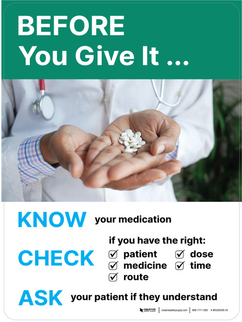 Before You Give It - Know, Check, Ask (Medication Safety) Portrait - Wall Sign