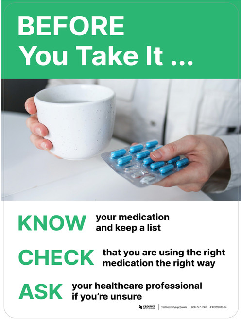 Before You Take It - Know, Check, Ask (Using Medication) Portrait - Wall Sign