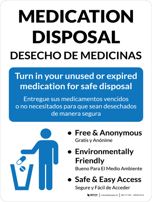Medication Disposal with Icon - Bilingual Spanish Portrait - Wall Sign