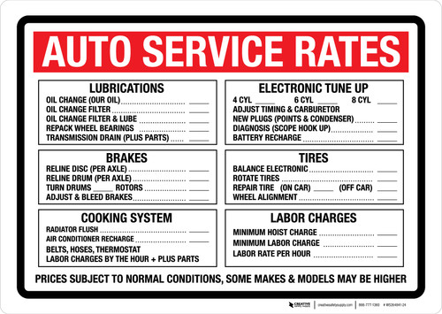 Auto Service Rates Landscape - Wall Sign