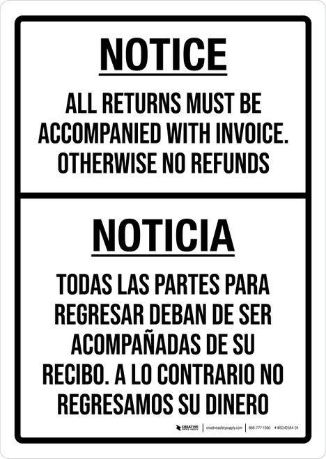 Notice: All Returns Must Be Accompanied With Invoice Portrait Bilingual Spanish - Wall Sign