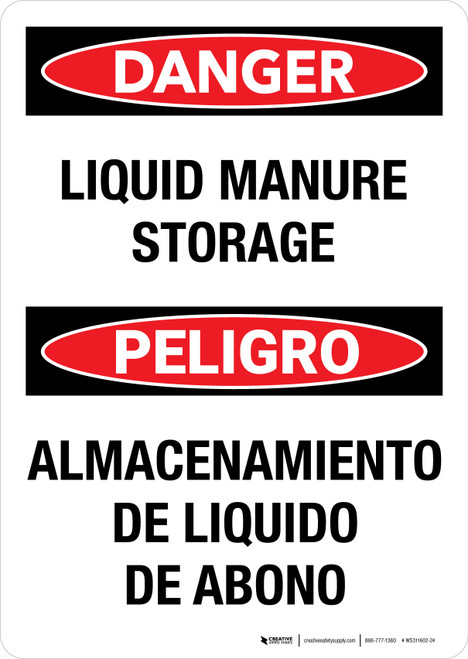 Danger: Liquid Manure Storage Bilingual Spanish Portrait - Wall Sign