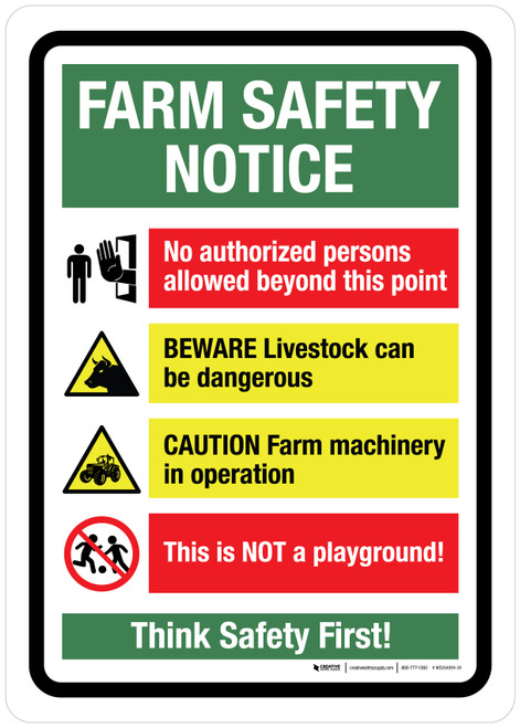 Farm Safety Notice Think Safety First Portrait - Wall Sign