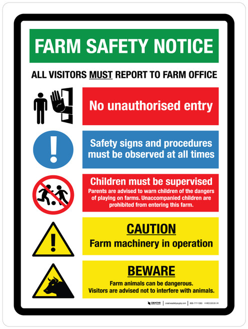 Farm Safety Notice Warnings - All Visitors Report To Farm Office Portrait - Wall Sign