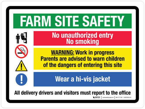 Farm Site Safety (No Unauthorized Entry, No Smoking, Wear Hi-Vis Jacket) Landscape - Wall Sign