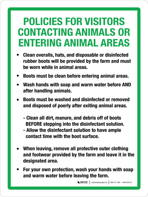 Policies For Visitors Contacting Animals Or Entering Animal Areas Portrait - Wall Sign