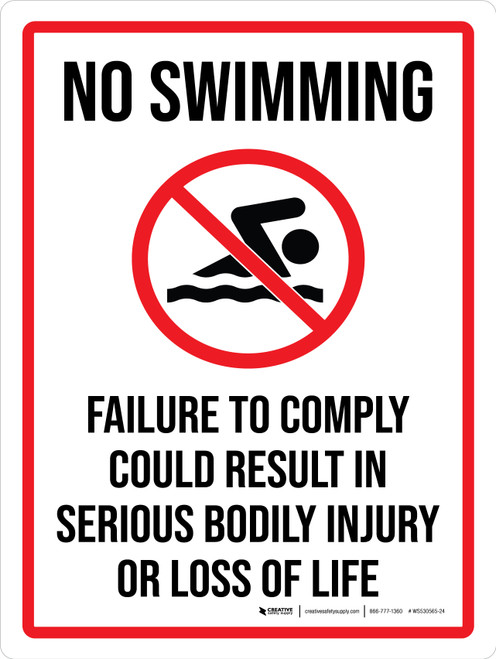 No Swimming - Failure To Comply Could Result In Serious Bodily Injury Or Loss Of Life Portrait - Wall Sign